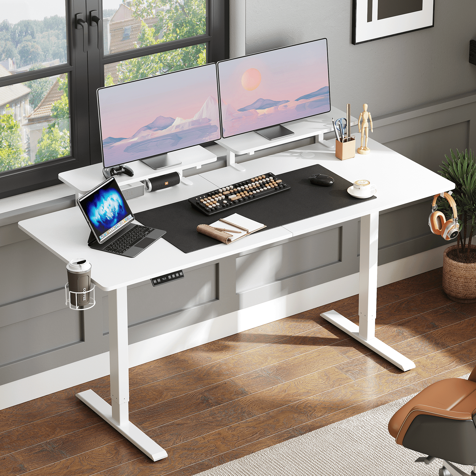 63 x 24 Inches Standing Desk with 2 Adjustable Monitor Shelves,  Electric Stand Up Desk Adjustable Height from 28-46 inches for Home and Office, White