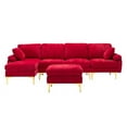 thumbnail image 3 of L Shaped Couch Sofa with Removable Ottoman, Modular Sectional Sofa Couch with Reversible Chaise Velvet, 3 Seater Sofa with Pillows and Golden Metal Legs, U-Shaped Corner Sofa for Living Room, Red, 3 of 7