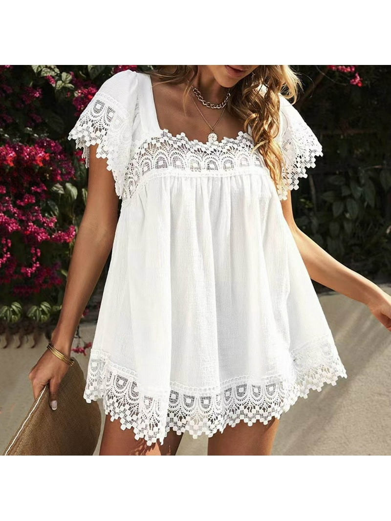 KONBECA Women Summer Tops Women Summer Solid Color Casual Lace Loose U Neck Short Sleeve Lace Blouse White -