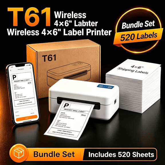 T61 Wireless Thermal Label Printer, 4×6" Shipping Label Printer for Small Business, Fast Ink-Free Printing for Shipping, Online Sellers and Home Office, 520 Labels Optional