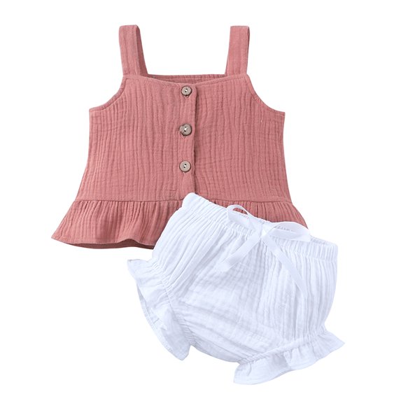Godderr Newborn Girls Solid Color Suspender Off-Shoulder Top Shorts Suspender Top Shorts Two-Piece Set 3-24M
