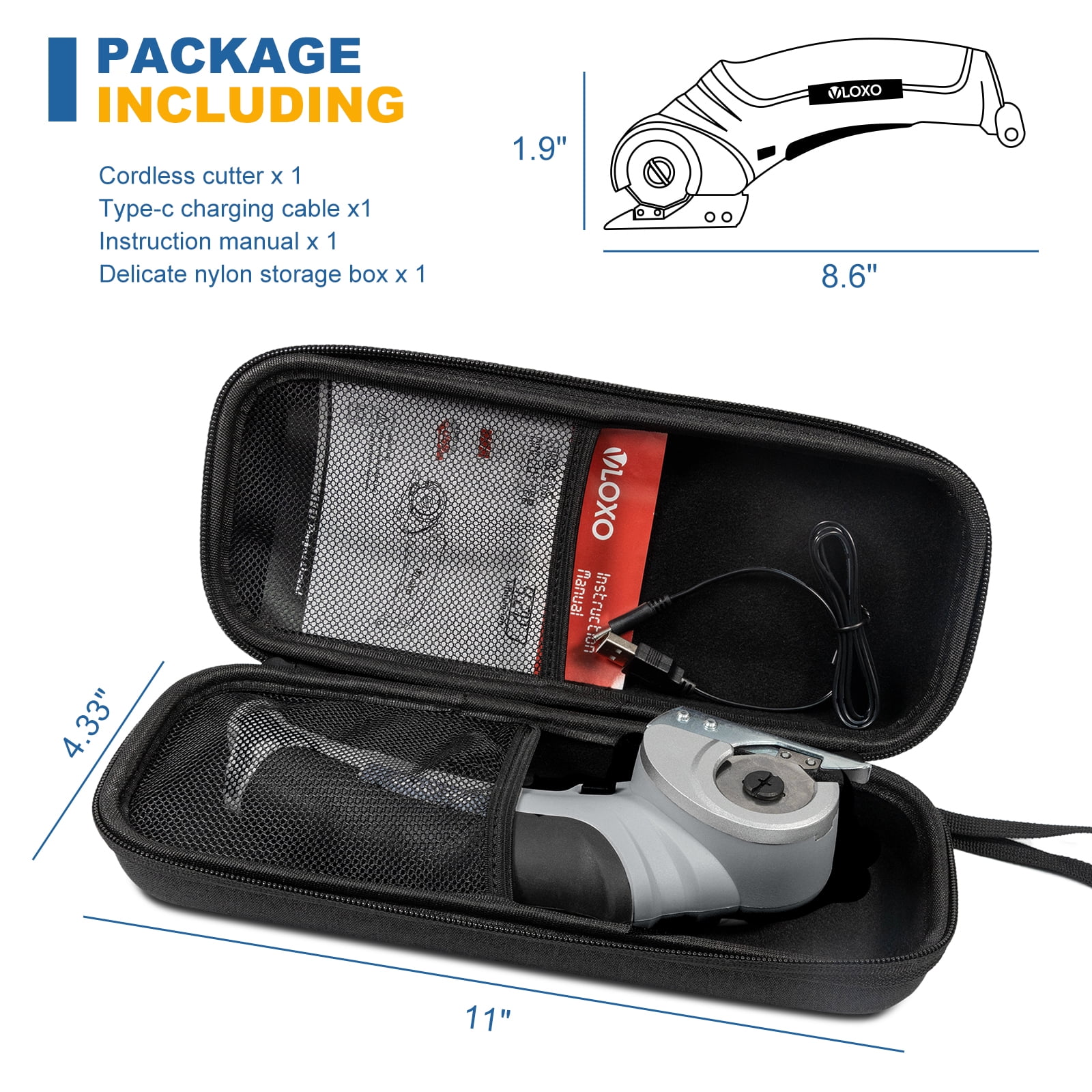 VLOXO Cordless Cardboard Cutter, Electric Scissors with Safety Lock 4.2V Power Box Cutter Multi-Cutting Tools, Rechargeable Electric Scissors for Cardboard Leather Carpet with Storage Box Grey