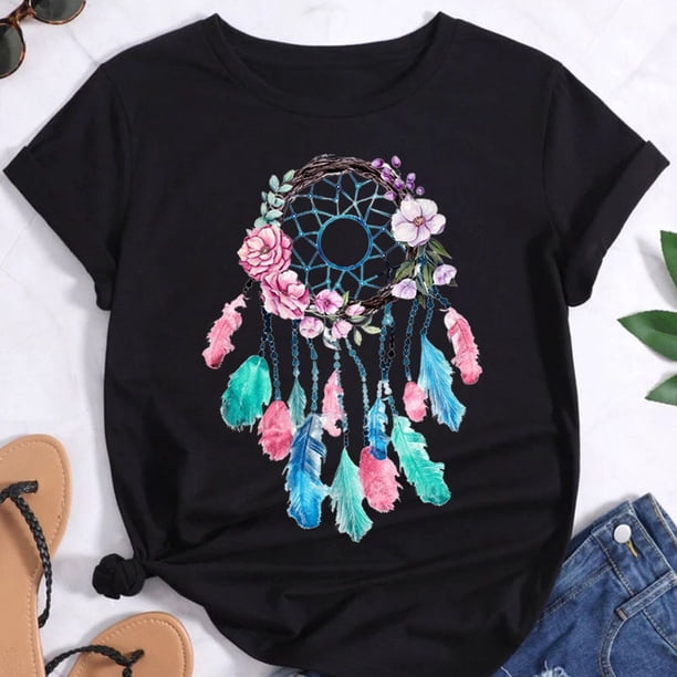 Camiseta De Mujer Con Estampado Atrapa Sueños Florales De Manga Corta Ropa Top De Verano-Multicolor Gao Jiahui unisex