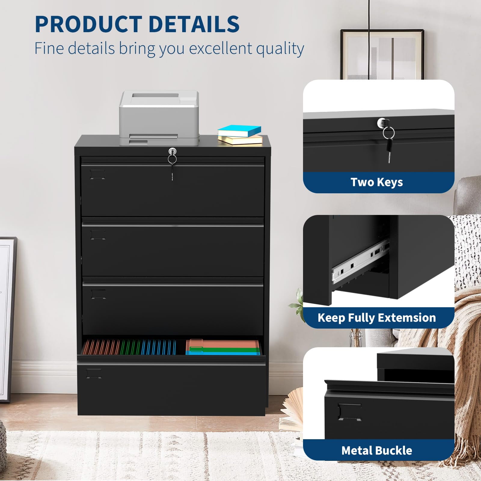 BouPower File Cabinet 4 Drawer,Filing Cabinet with Lock,Metal File Cabinets for Home Office, Office Cabinet for Hanging Files Letter/Legal/F4/A4