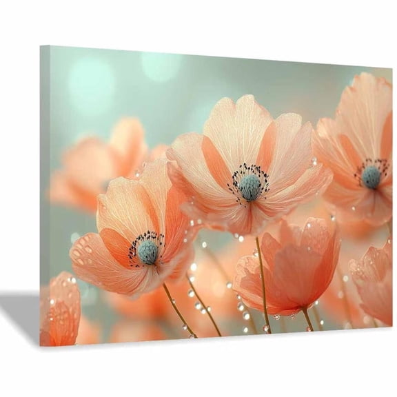Mudket Soft Peach Flower Flowers with Dew Drops Canvas Wall Art, Floral Wall Decor, Framed Ready to Hang Artwork for Living Room Bedroom Bathroom - 12"L x 8"W