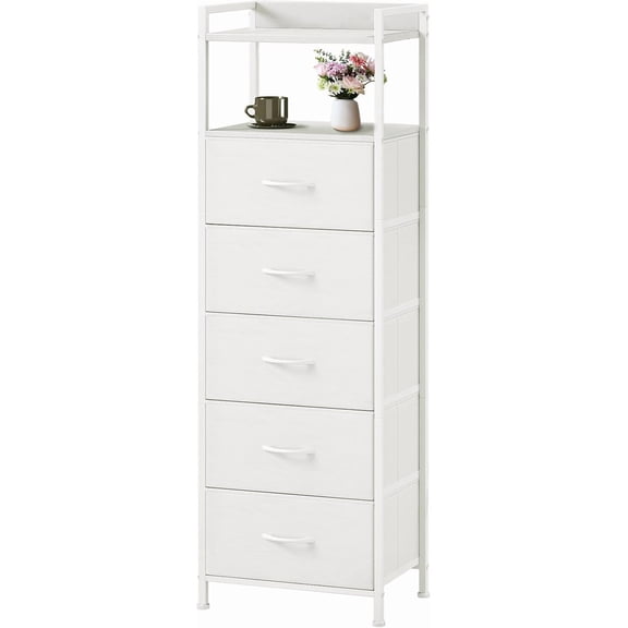 White Tall Night Stand for Bedroom,Tall 5 Drawers Dresser, Vertical Storage Tower Unit, Nightstand Furniture with Fabric Drawer Organizer in Bedside Kids Dorm Room Closet Laundry Entryway
