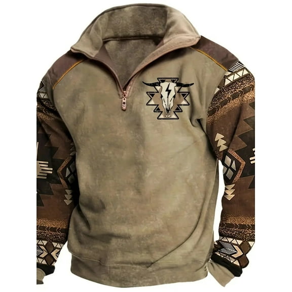 Retro Bull Head Half Zip Sweatshirt with Unique Design - Show your personality with this stylish retro style pullover,L,brown