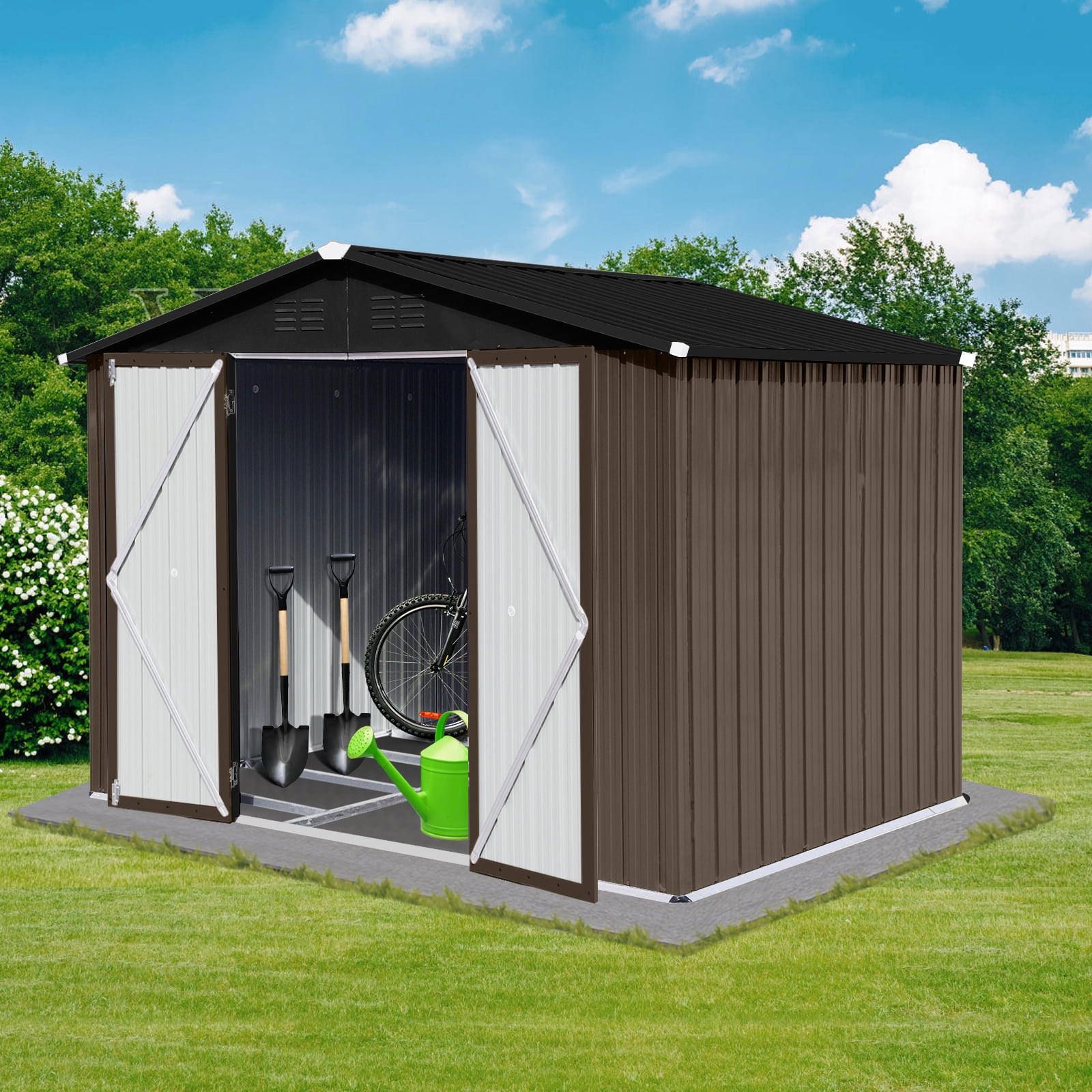 Alvantor Outdoor Storage Shed Metal Garden Shed with Apex Roof & Hinged Door,Brown + Black,8x6 FT