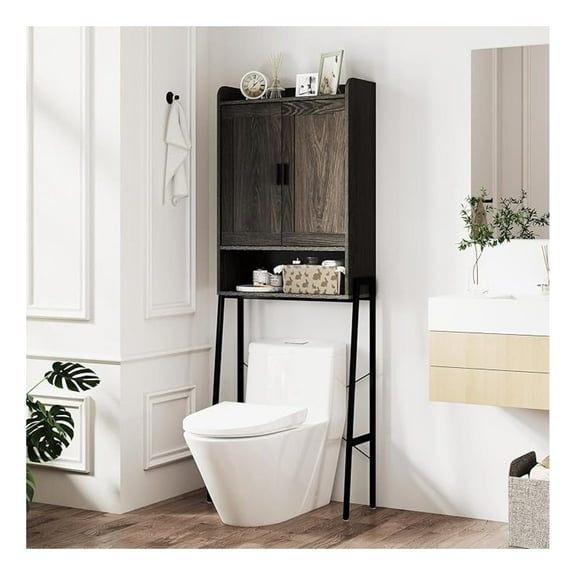 YQJIAJU Over The Toilet Storage Cabinet, Farmhouse Bathroom Cabinet Above Toilet with Double Doors, Adjustable Shelves, Metal Stand, Freestanding Bathroom Space Saver for Restroom, Laundry