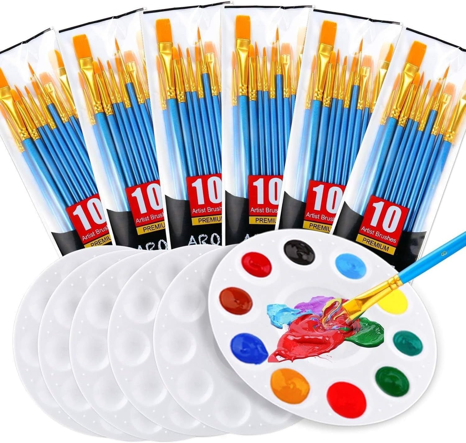 Painting Brush Palette Set, with 12 Packs of 120 Brushes and 12 Palettes,Nylon Brush Head, Suitable for Oil Watercolor, etc., Perfect Art Painting Set.