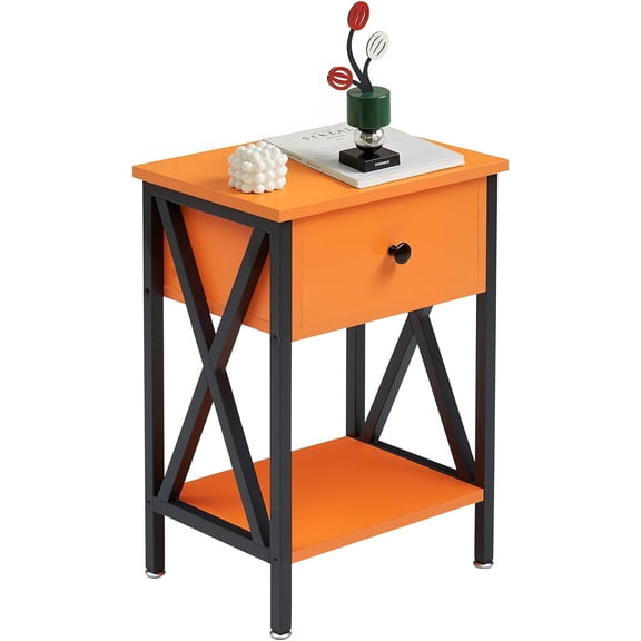 Modern Black Nightstand with Drawer and Storage Shelf, Industrial Metal Frame Bedside End Table for Living Room and Bedroom