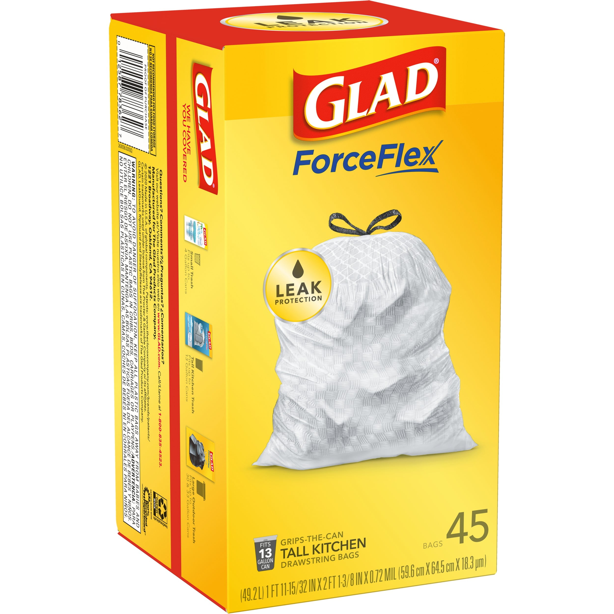 Glad Tall Kitchen Trash Bags, 13 Gallon, 45 Bags (ForceFlex, Unscented)
