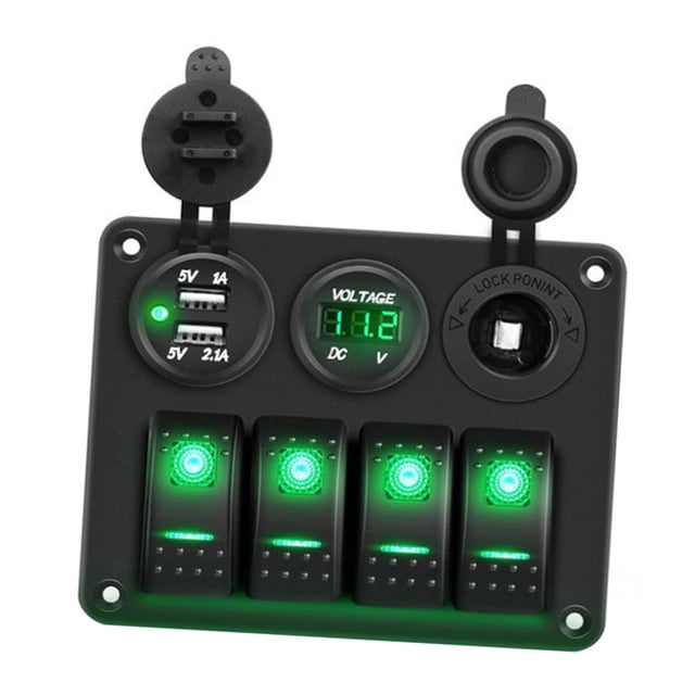 4 Gang Rocker Switch Panel, Water Proof Marine Boat Toggle Rocker Switch Box, LED Display Voltmeter + 2 USB Charger + Cigarette Lighter, Switch Panel Box for Automotive, Truck,