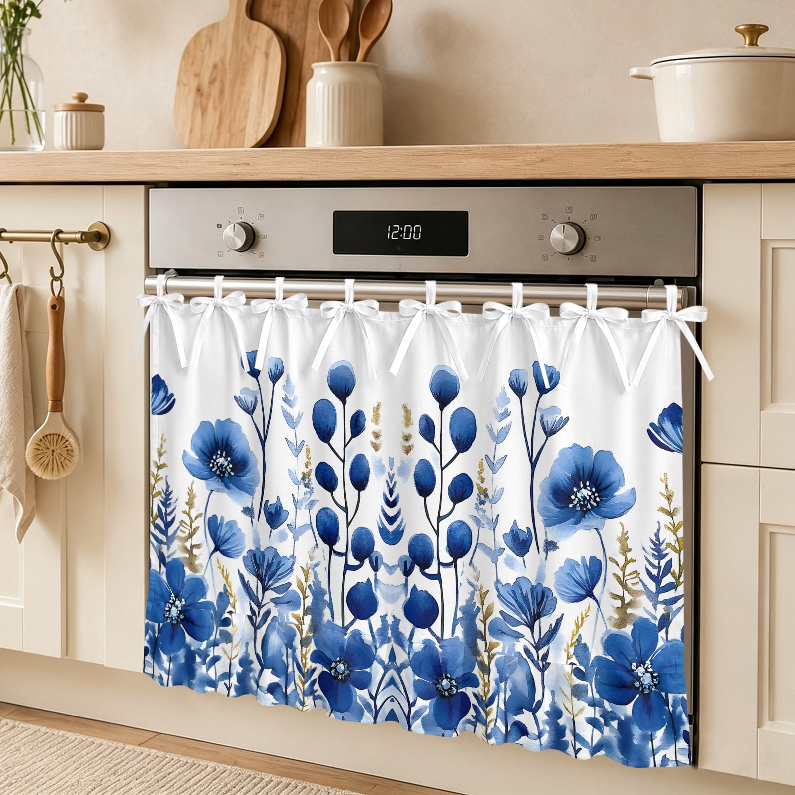 Blue Flower Oven Skirt Curtain Spring Vintage Botanical Leaf Plant Abstract Art Tie Top Tier Curtains Stove Dishwasher Skirt Small Window Drapes for Kitchen Bathroom Cafe 32 x24