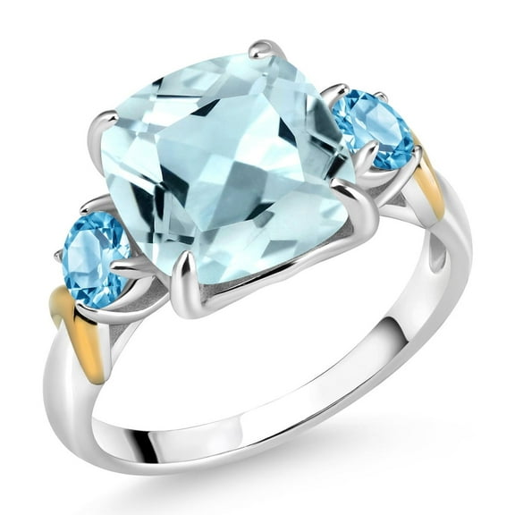 Gem Stone King 925 Silver and 10K Yellow Gold Sky Blue Simulated Aquamarine and Swiss Blue Topaz 3 Stone Ring for Women (4.51 Cttw, Gemstone Birthstone, Cushion 10MM, Round 4MM, Size 9)