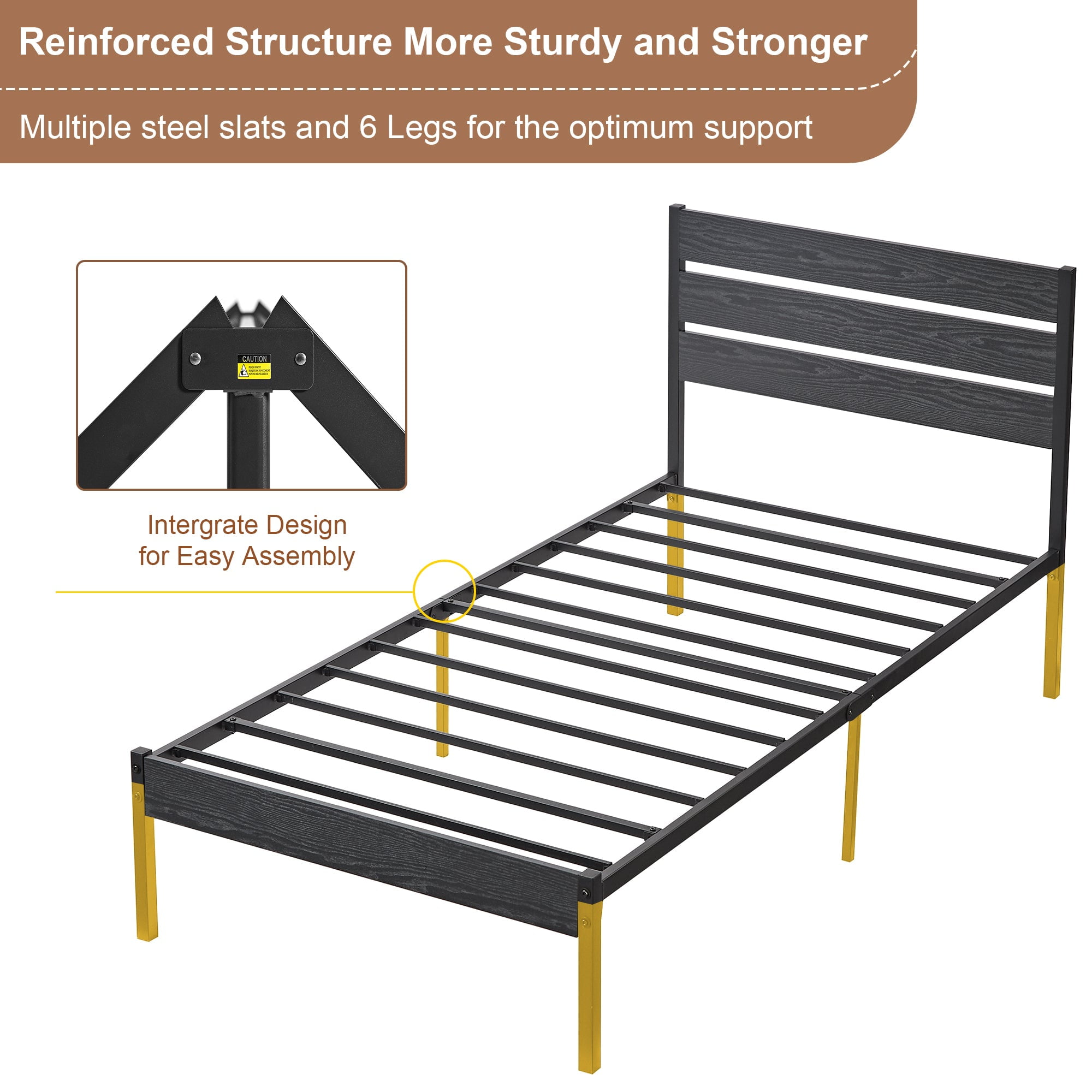 Katkuca Twin Size Metal Bed Frame, Industrial Platform Bed with Wood Headboard and Footboard, Heavy-Duty Metal Mattress Foundation, Easy Assembly, No Box Spring Needed, Black