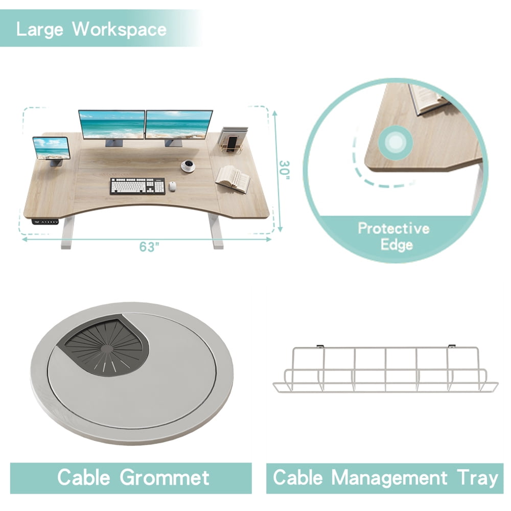 63"×30" Height Adjustable Electric Standing Desk, Sit Stand Up Computer Desk for Home Office with Cable Management, Memory Control & Anti-Collision Function