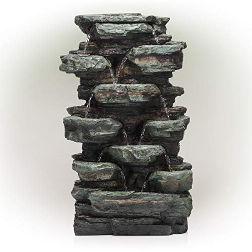 Alpine Corporation 39" Tall Outdoor Multi-Tier Rock Water Fountain with LED Lights