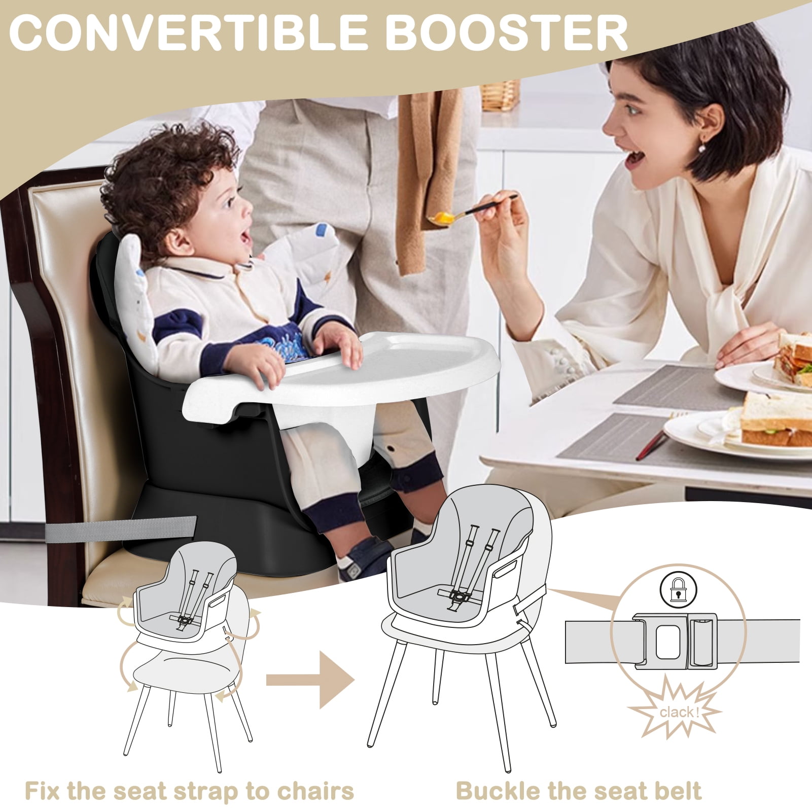AILEEKISS 8 in 1 Baby High Chair, Toddler Dining Booster Seat for Eating, Black