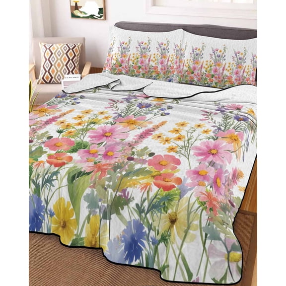 Pink Flowers Queen Size Down Alternative Comforter,Lightweight Comforter Quilt Bedding Set with Pillow Shams Spring Floral Daisy Farmhouse Pastoral Botanical Bed Comforter Duvet Insert 90"x96"
