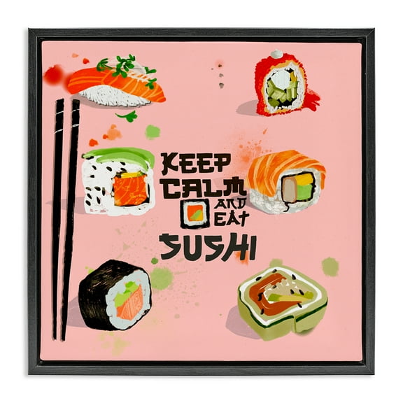 Stupell Industries Keep Calm & Eat Sushi Quotes and Sayings Painting Black Floater Framed Canvas Art Print Wall Art, 18 x 18