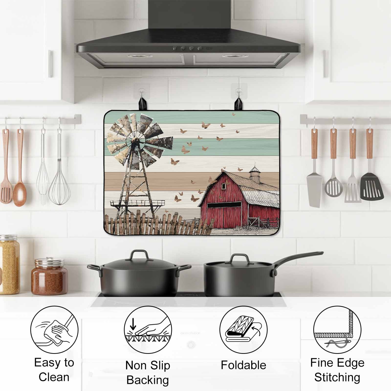 Windmill Farmhouse Stove Top Cover for Electric Stove, Heat-proof & Non Slip Glass Top Stove Cover Protector, Vintage Teal Brown Wooden Butterfly Kitchen Flat Cooktop Rubber Mat 24x21 Inches