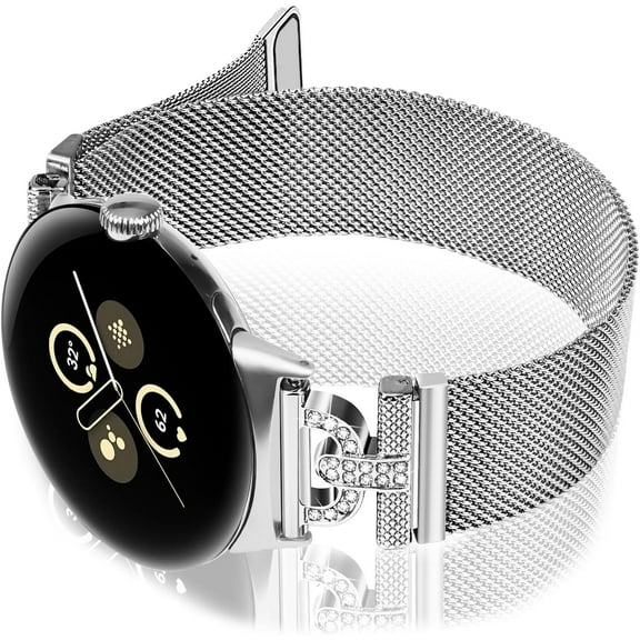 REQO Bands Compatible with Google Pixel 2 1 Watch Bands, D-shaped with Diamonds Mesh Loop Magnetic Strap for Pixel Watch Bands for Women Men