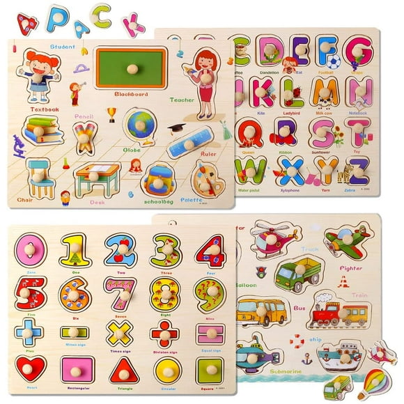 Wooden Peg Puzzles for Toddlers, 4 Pack ABC Alphabet Number Animal School Traffic Puzzles for Kids Ages 3-6 Years Old, Preschool Early Educational Learning Puzzles Toys for Boys and Girls