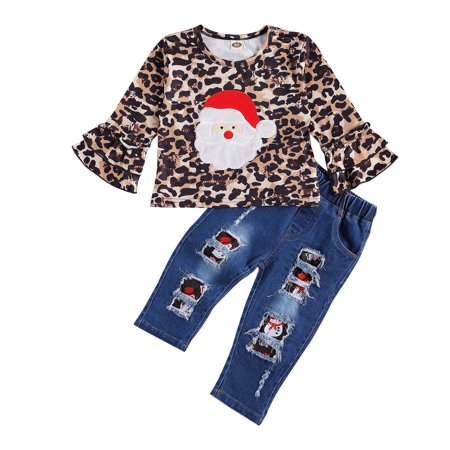 

One opening Girl s Christmas Two-piece Suit Long Flared Sleeve Leopard Top Patchwork Long Denim Jeans