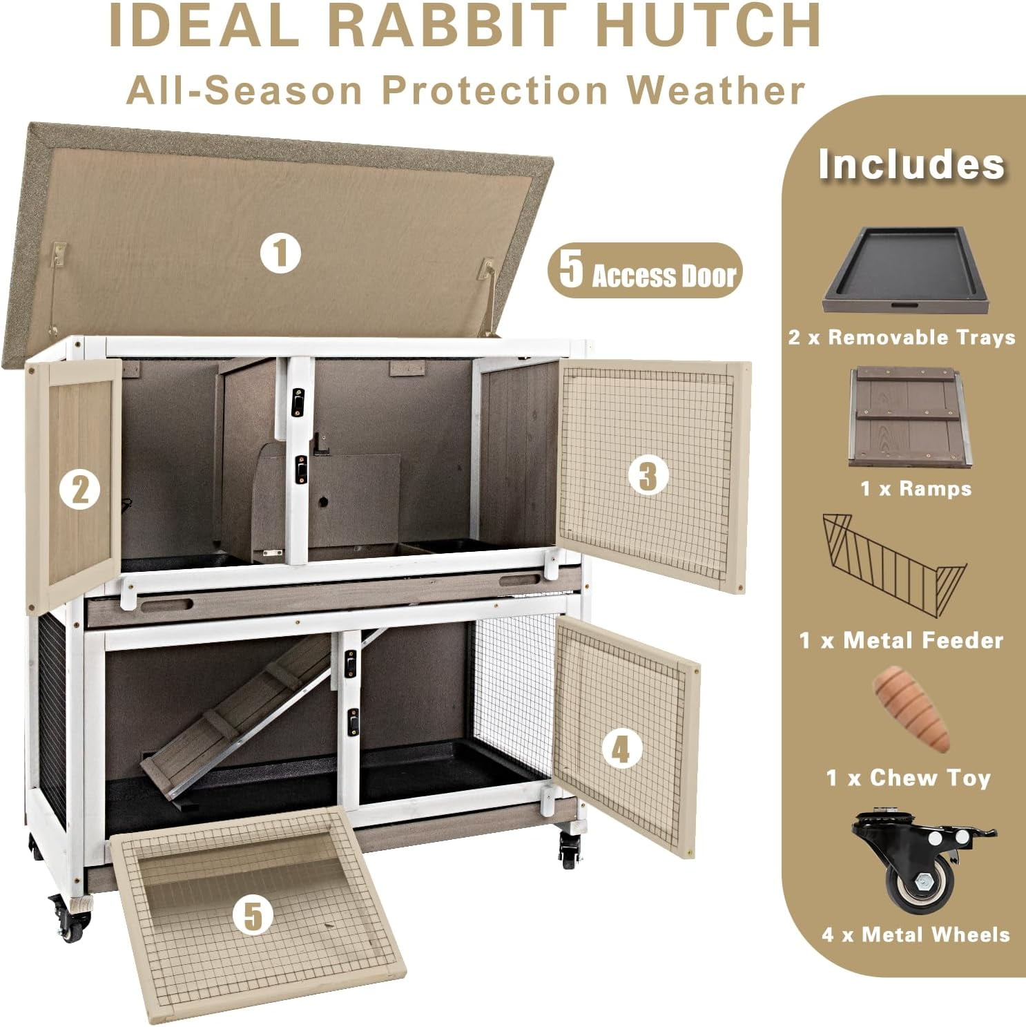 36 Inch Indoor Rabbit Hutch with 4 Lockable Wheels, 2-Story Wooden Bunny Cage Outdoor, 2 Deep Pull Out Trays, Ramp, Guinea Pig House for Small Pets, White
