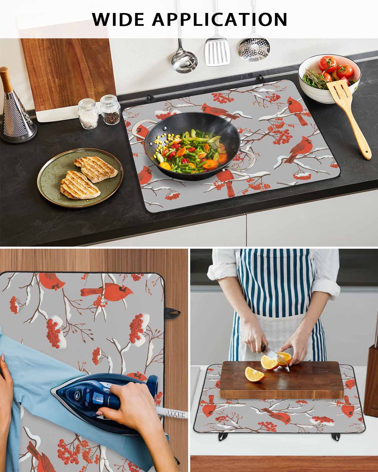 Large Induction Cooktop Protector Mat Christmas Stove Top Covers for Electric Stove, Red Cardinal Birds on Branch Berries Grey Decorative Stove Burner Cover Mats, Glass Top Stove Cover