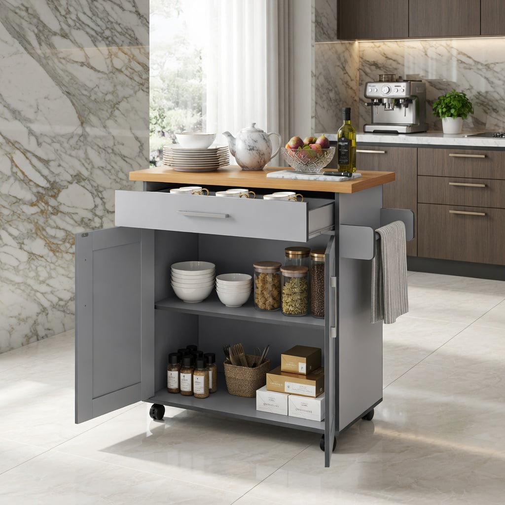Demi Bonn Rolling Storage Cabinet Cart, Kitchen Island Cart, Rolling Kitchen Island Cart with Towel and Spice Rack, for Kitchen, Dining Room, Gray