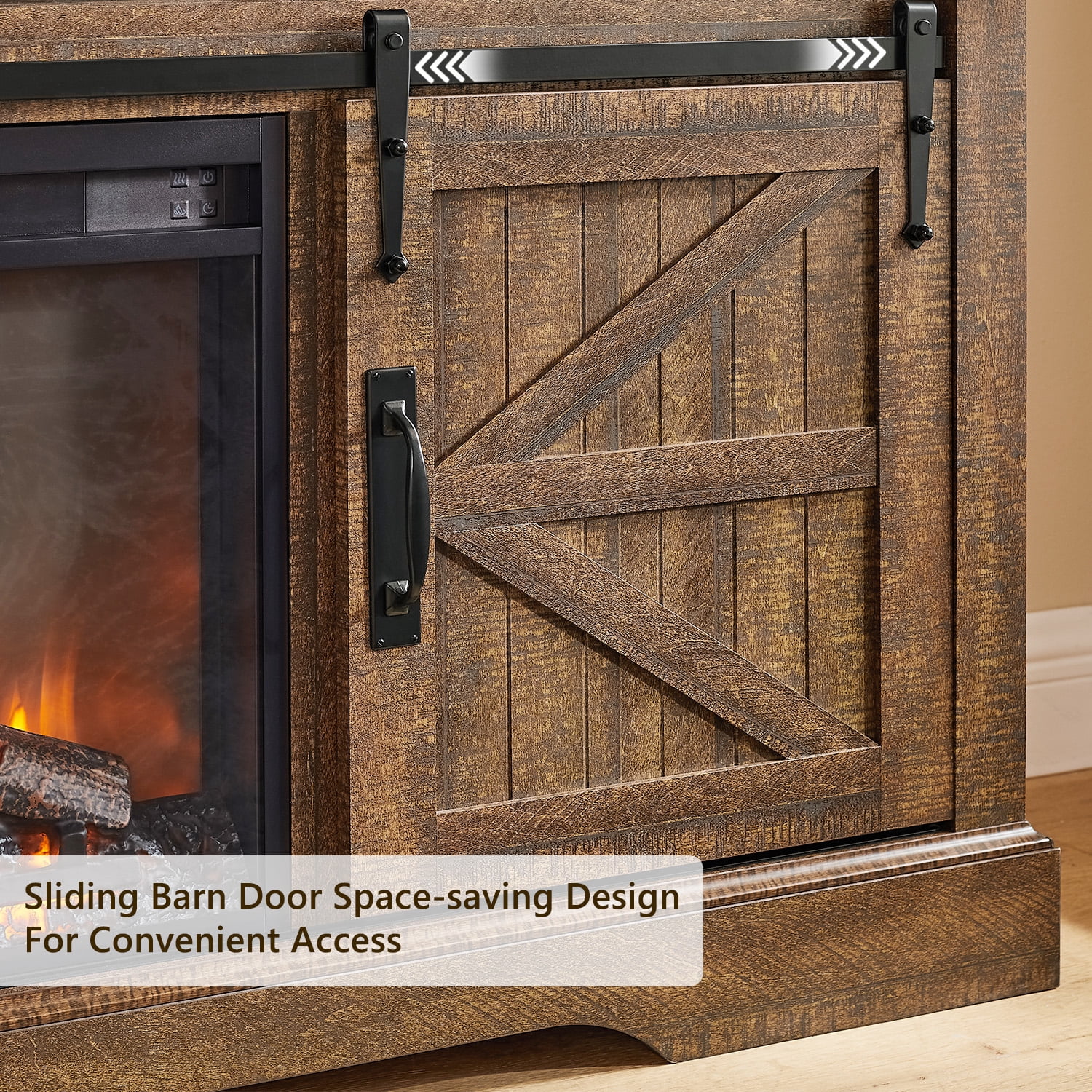KeyWhat Farmhouse Fireplace TV Stand for TVs up to 70", 24" Electric Fireplace & Barn Door