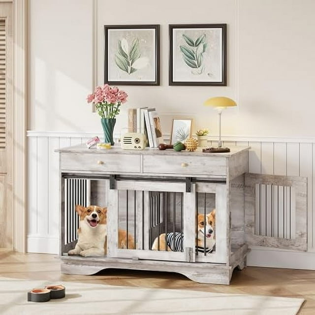 Meuble Cage pour Chien, Meuble Cage pour Grand Chien de 47 Pouces avec 2 Tiroirs de Rangement et Séparateur Amovible pour Chiens Grands/moyens/petits