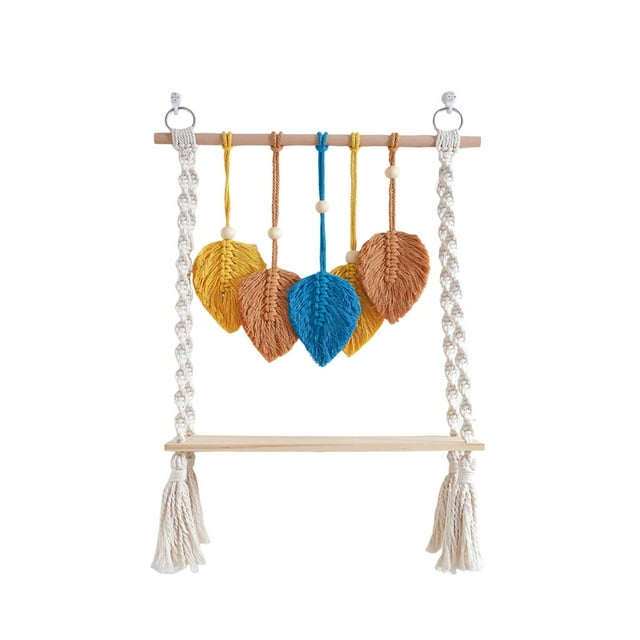 Estante colgante de pared de macramé, soporte de exhibición bohemio, estante de madera con cuerda tejida para colgar en la pared, estantes