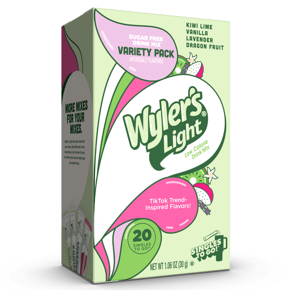 Wyler's Light Watertok Singles to Go Powdered Drink Mix Variety pack, Base Flavors, Kiwi Lime, Vanilla, Lavender, Dragon Fruit, 20 Count Packets