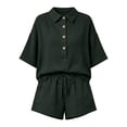 thumbnail image 7 of Women 2 Piece Linen Short Sets 2026 Summer Vacation V Neck Short Sleeve Beach Outfits Oversized Button Casual Suits Dark Green M, 7 of 7