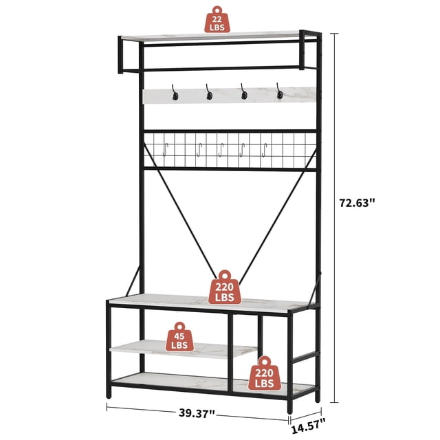 Kojooin Hall Tree with Bench and Shoe Storage, 5-in-1 Entryway Organiser with Hanging Rod, Hooks and Adjustable Shelf