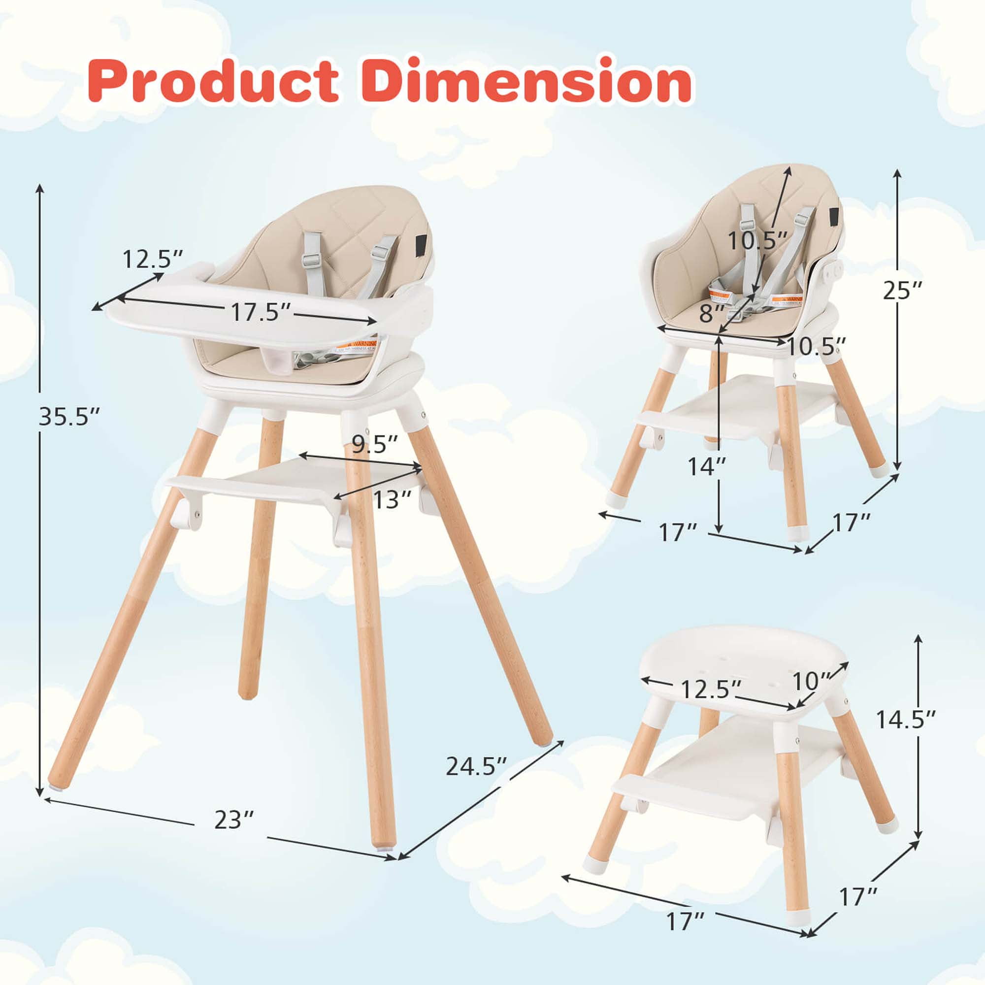 Costway 6-in-1 Convertible Wooden Baby Highchair Infant Feeding Chair with Removable Tray Beige