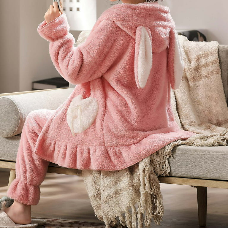Women's Cute Bunny Ears Pajama Set Fluffy Fleece Teen Girls Sleepwear Warm  Winter Rabbit Hooded 2pcs Lounge Pjs Set 