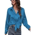 thumbnail image 4 of Daeful Chemises pour Femmes Boutonnées Hauts Col à Revers Élégant Blouse Bleu TG, 4 of 7