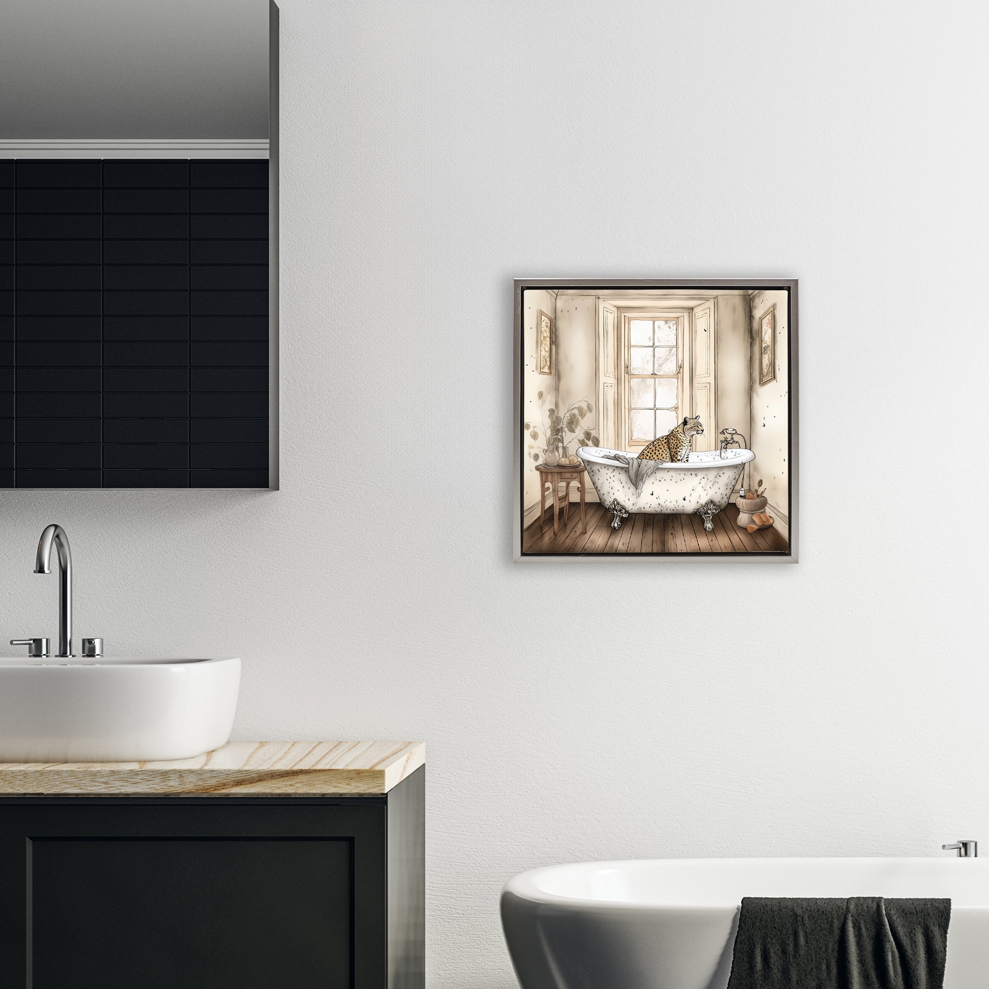Neutral Leopard Bathtime Gray Framed Floater Canvas Wall Art, design by Sasha