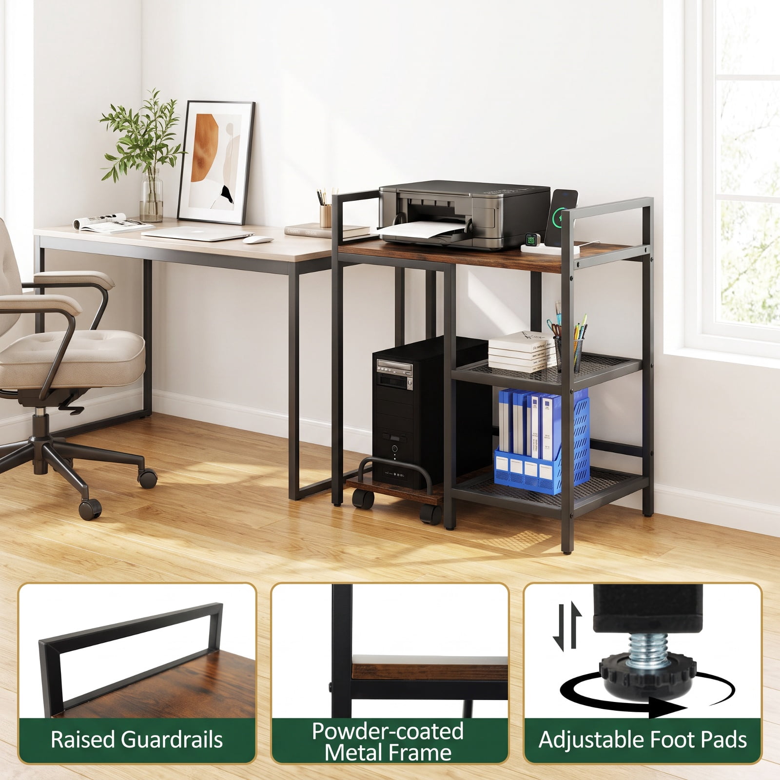 Furnibear Printer Stand with Charging Station and Storage Shelves for Home Office Printer Machine Under Desk Storage, Rustic Brown