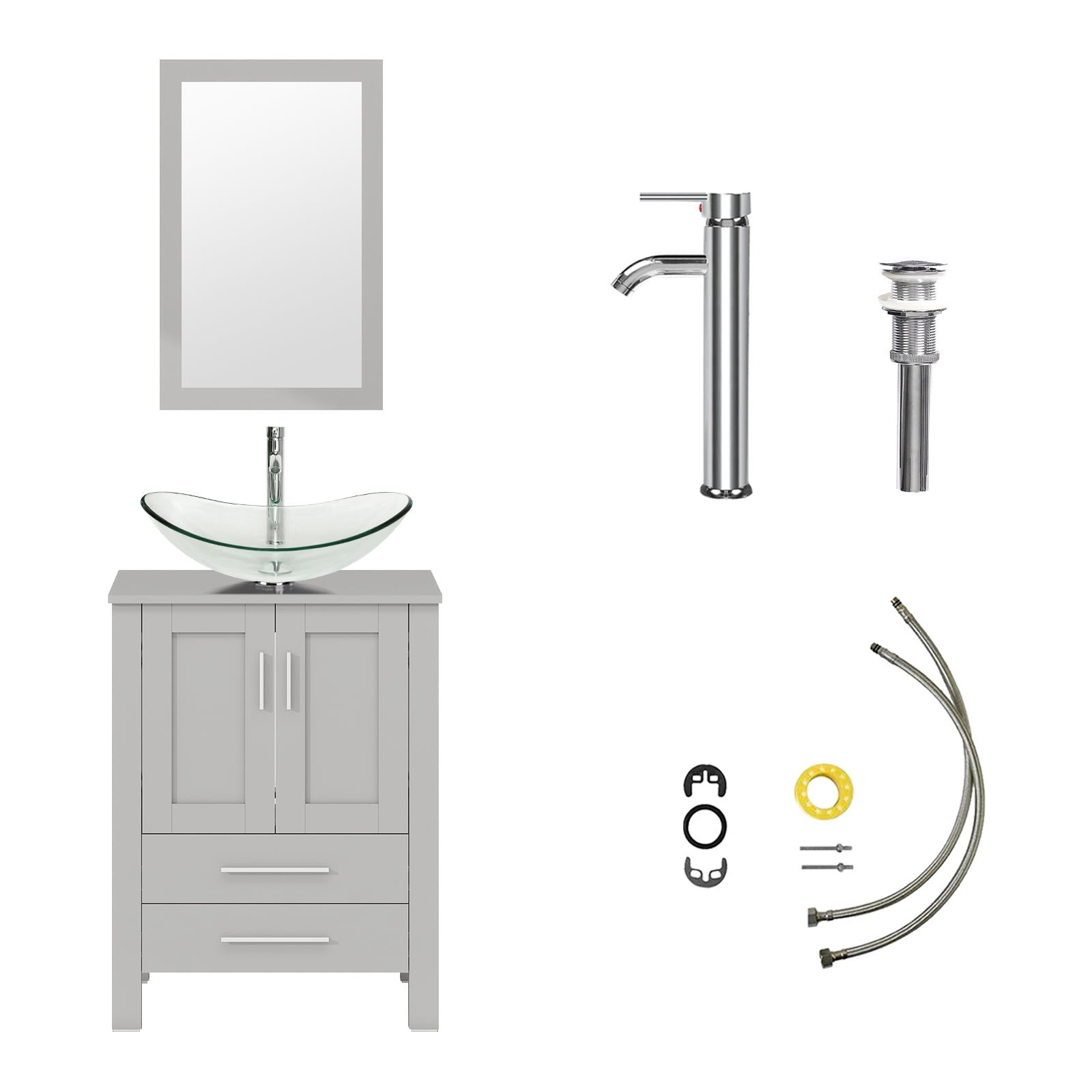 ELECWISH 24-Inch Bathroom Vanity in Gray with Mirror and Vessel Sink Set, Modern Stand Pedestal Cabinet with Clear Glass Sink Set