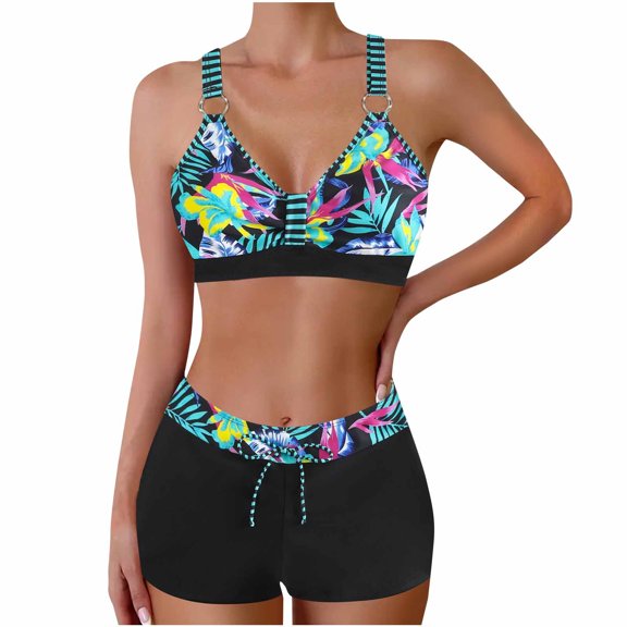 Fewfanhot Women's Plus Size Tropical Print Halter Bikini Top, Ring Strap Padded Bra, Drawstring High Waist Tummy Control Swim Shorts, Two Piece Floral Swimsuit Set