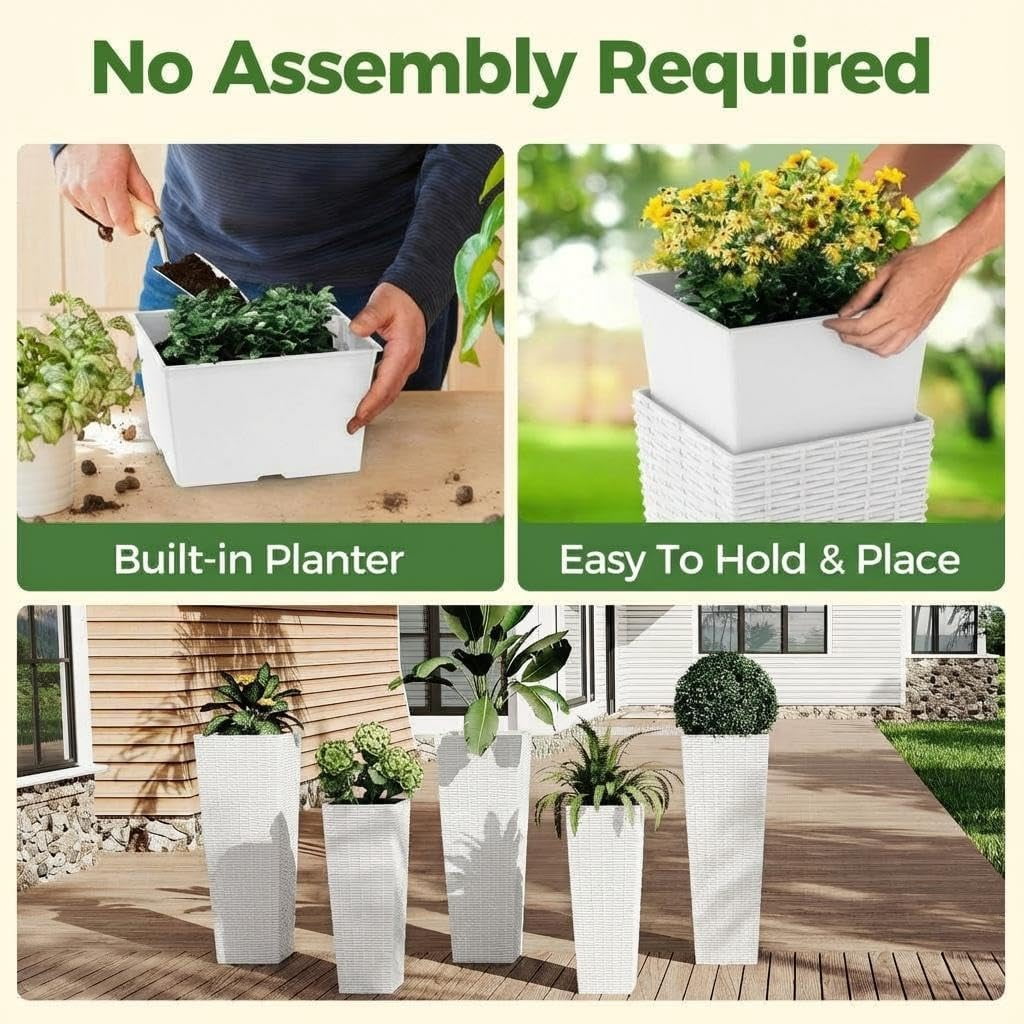 Memoryfield 24" Tall Planter Set of 2, Large Plant Pots with Removable Liners, Flower Tree Planters for Indoor & Outdoor Patio Porch Backyard, White