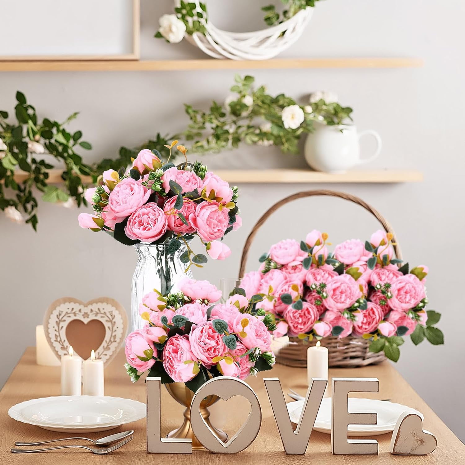 24 Bundles Artificial Peonies Flowers Wedding Faux Flowers Silk Peony Bouquet Bulk Bride Fake Florals Arrangements for Table Centerpieces Wedding ​Party Vase Decor (Light Pink)