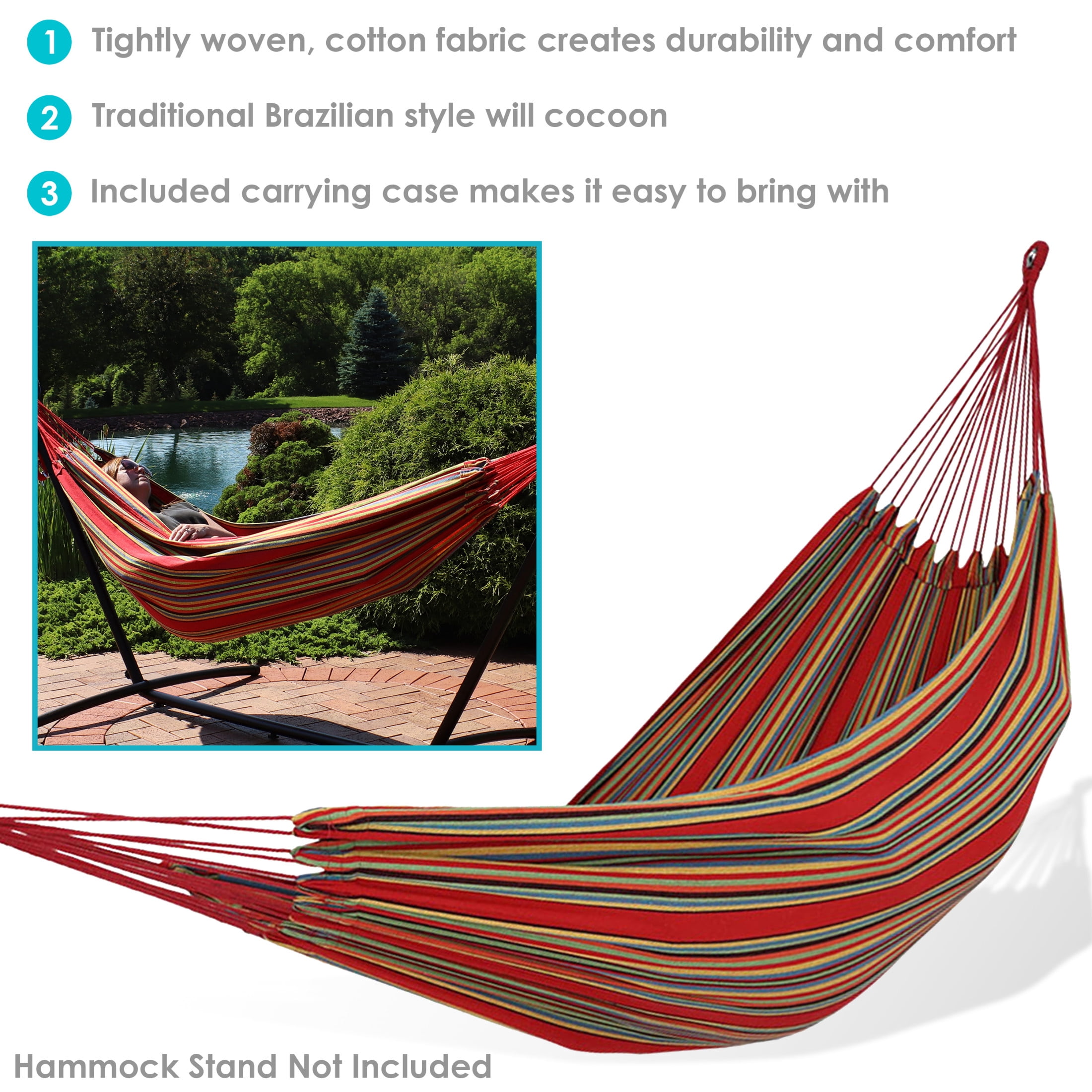 Sunnydaze 2-Person Cotton Brazilian Hammock, 450 lb Capacity - Sunset
