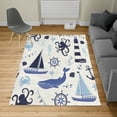 thumbnail image 2 of Nautical Turkish Area Rug, Pastel Colored Composition of Lighthouse Sailboat Fish Shells Octopus, Soft Carpet for Living Room Decor with Distressed Look, 2.6' x 5', Night Blue, by Ambesonne, 2 of 4