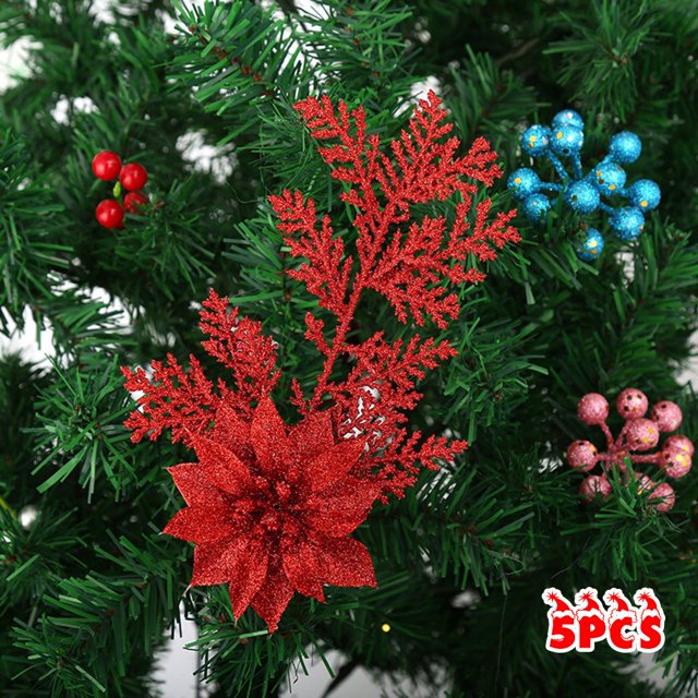 5Pcs Christmas Poinsettia Glitter Flower Pine Branches Tree Hanging Party Decor